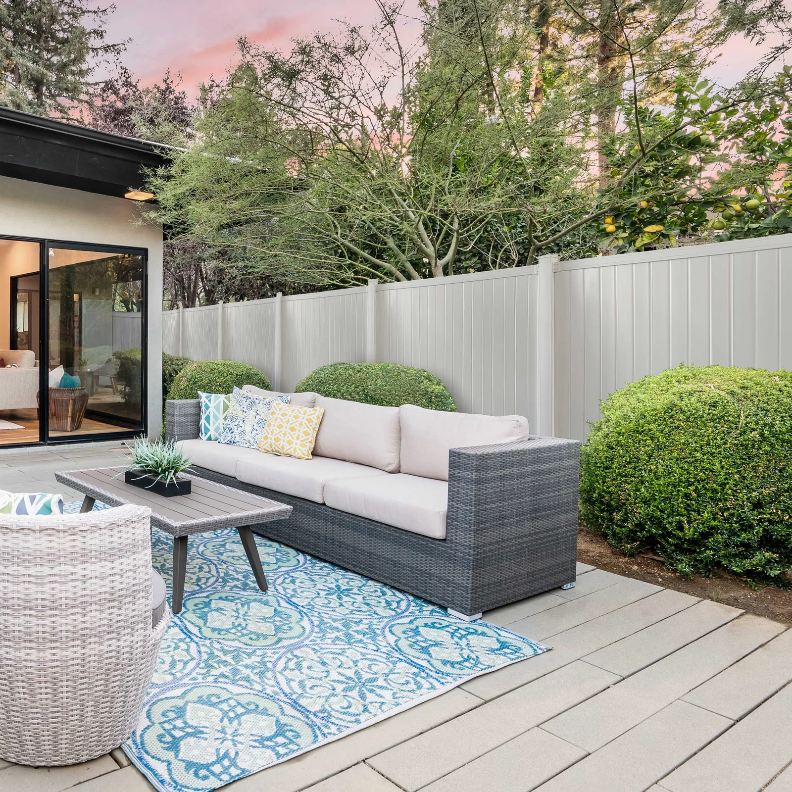 White EverHome vinyl privacy fence around patio